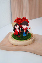 Crimson Love crystal ball with round glass dome removed showing couple miniatures, blank customisable signboard and wooden base for engraving