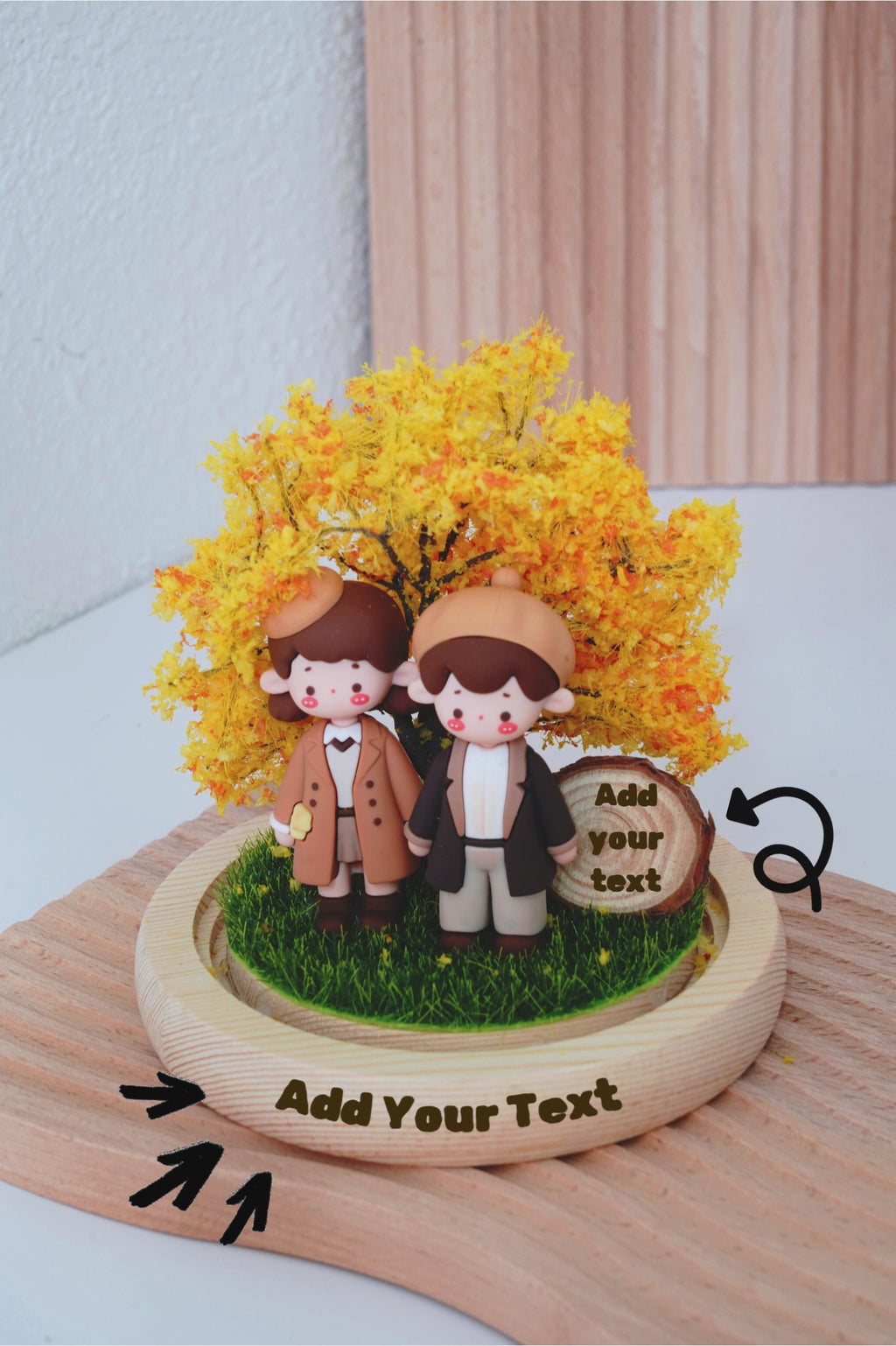 Demonstration video with animated text showing where to add custom text engraving on wooden base and signboard